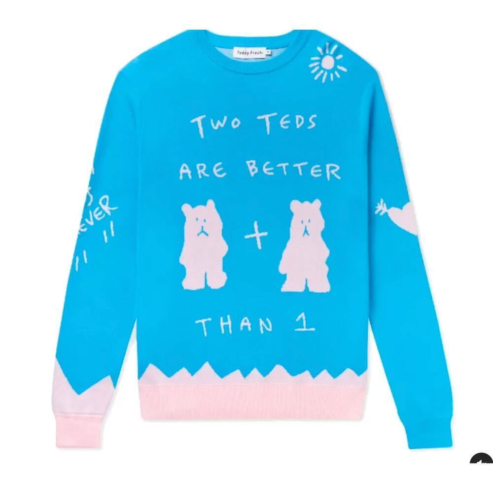 Teddy Fresh “Two Teds Are Better Than One” Sweater Blue Graphic Pullover Large‎